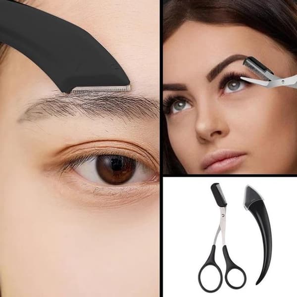 Two-piece eyebrow trimmer and razor set; eyebrow trimmer with comb, black razor, unisex eyebrow trimmer.