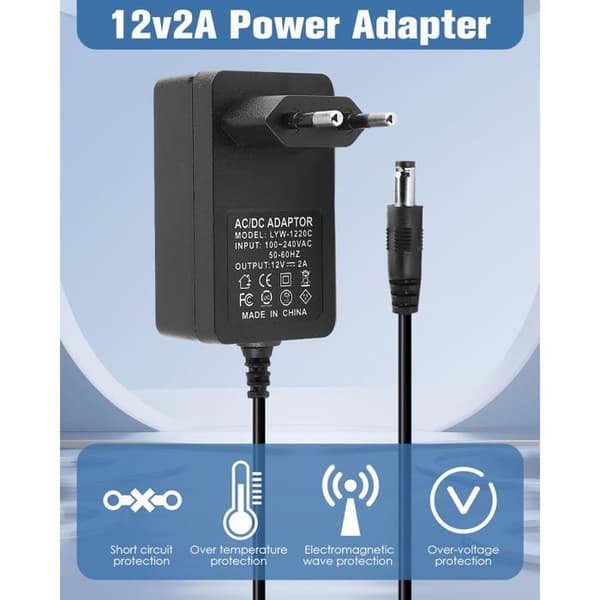Universell 12V 2A 24W AC-adapter, 12V 24W AC til DC-transformator, 12V 2A strømforsyning 5.5mm x 2.5mm