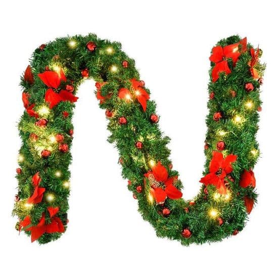 Julegirlander, kunstig juletregirlander 2,7M med LED, kuler, blomster og røde bær
