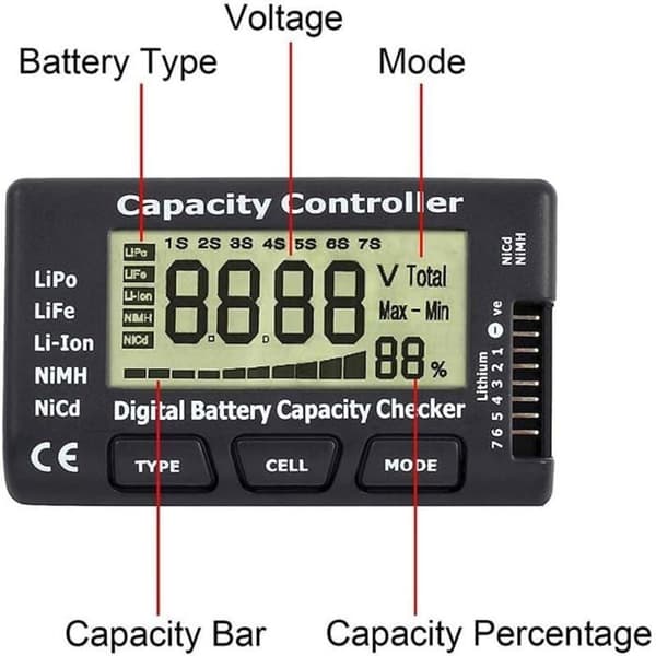Digital batterikapacitetstester - LCD-skærm - Spændingstester - Til LiPo