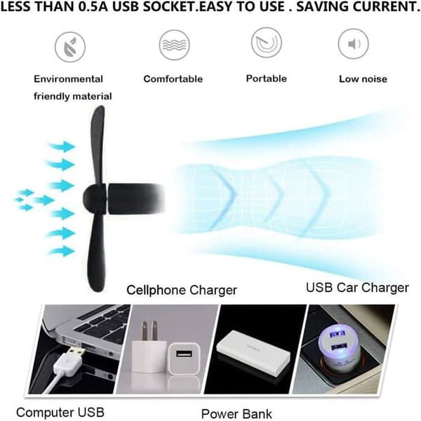Bærbar USB-blæser - 360° justerbar - Sammenfoldelig - Sort + Hvid