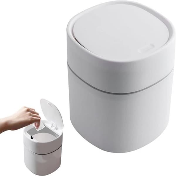 2L Portable Mini Desktop Trash Can with Press Lid for Desk, White