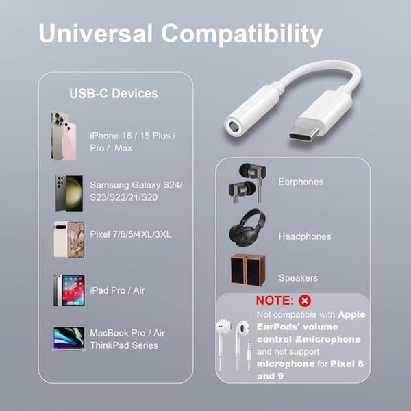 2-pak USB-C til 3,5 mm hovedtelefonstikadapter, AUX-lydadapter til iPhone 17/16/15 Pro/Max, iPad Pro, MacBook, Samsung S21-24, Pixel 7/6/5