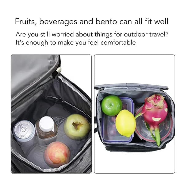 This camping backpack has an insulated interior and includes a cup holder for drinks and lunch boxes.