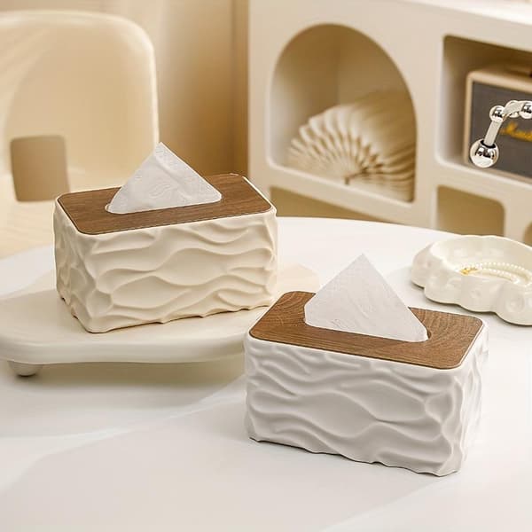 Large Capacity Desktop Tissue Box with Thickened Wooden Lid and Corrugated Design (Off-White)