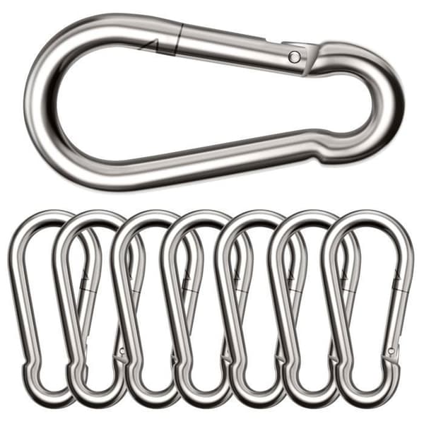 Set med 8 stora karbinhakar, Φ8*80 mm, maximal belastning 300 kg, rostfri, galvaniserad, kraftig