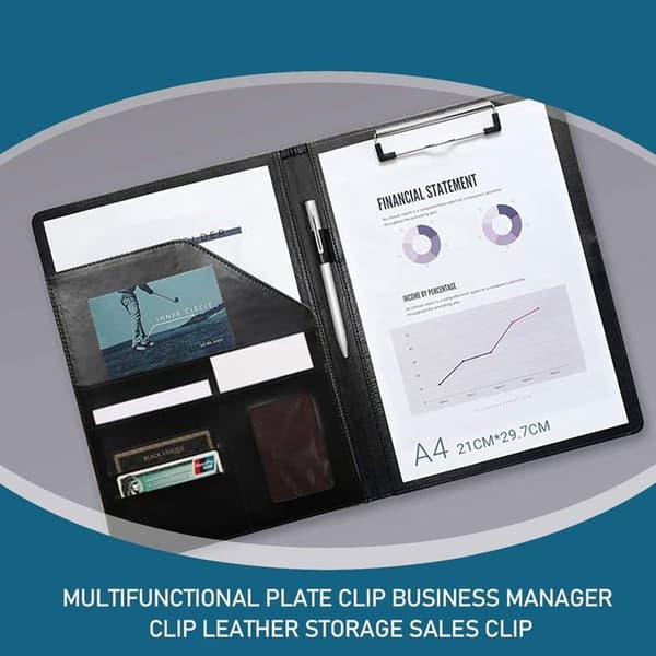 Dokumentholder, clipboard med papir og sort pen