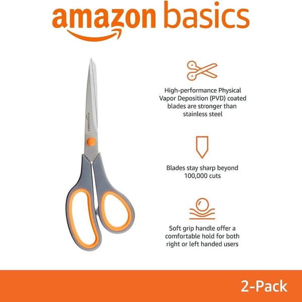 Basic Stainless Steel Scissors for Office, Craft, and Universal Use, Sharp, Comfortable Grip, PVD Coated, 2-Pack, Green and Gray