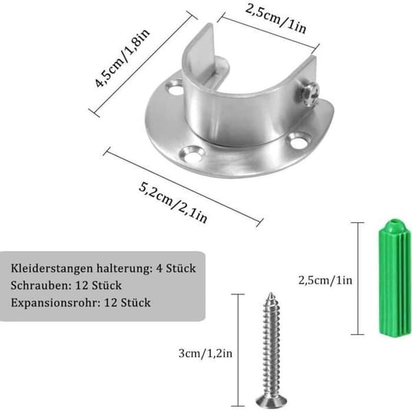 Gardinstångsfäste i stål, 4 fästen i rostfritt stål med skruvar, för sovrum, badrum 25 mm