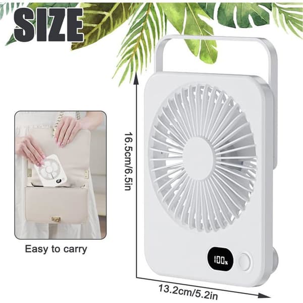 Mini lydløs bordventilator - 180° vipbar - 5 hastigheder - USB genopladelig