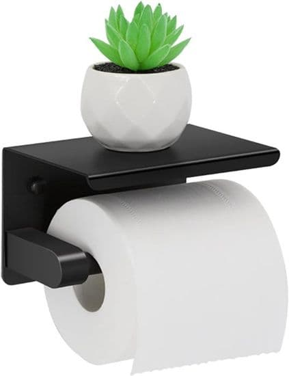 Toiletpapirholder med hylde - Rustfrit stål, bore- og selvklæbende montering - Sort vægmonteret rulleholder