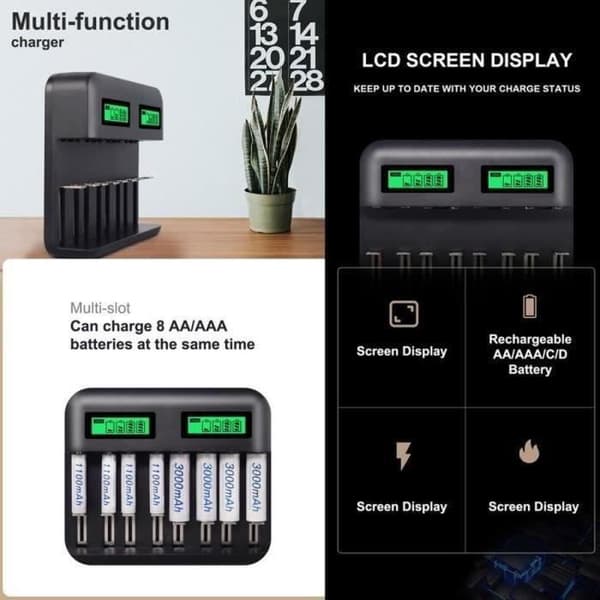 8-slots AA/AAA/C/D Genopladelig Batterioplader, Multifunktionel Smart USB Batterioplader med LCD-display