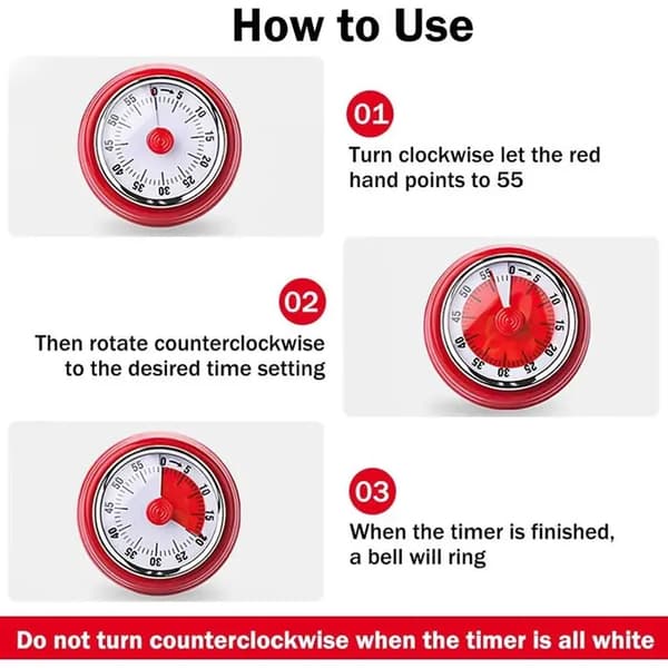 Køkkentimer, mekanisk køkkentimer, magnetisk timer, 60 min, nedtællingstimer til klasseværelset
