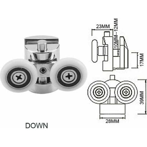 Sæt med 4 dobbeltruller - til skydedøre til brusekabiner, 2 badeværelsesruller lavet af zinklegering, 23 mm diameter