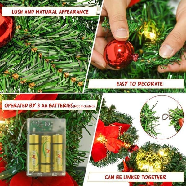 Julegirlander, kunstig juletregirlander 2,7M med LED, kuler, blomster og røde bær