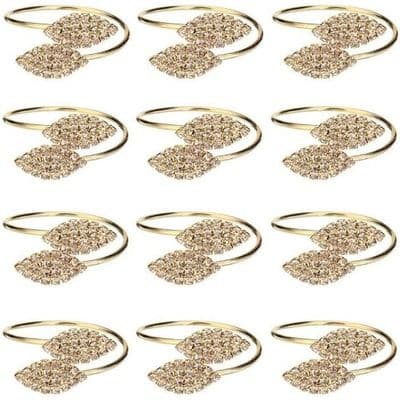 12 stk. servietringe med imiterede diamanter til bryllup, guldmetal