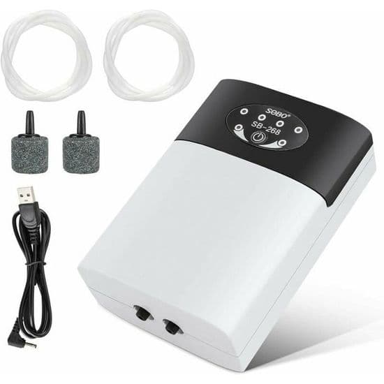 Bärbar USB Akvarie-luftpump - Tyst - Flödeshastighet 2 x 3L/min - 2 Luftutgångar