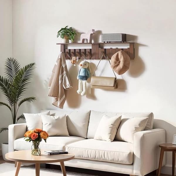 Wall-mounted coat rack with shelves and retractable hooks - Walnut wood