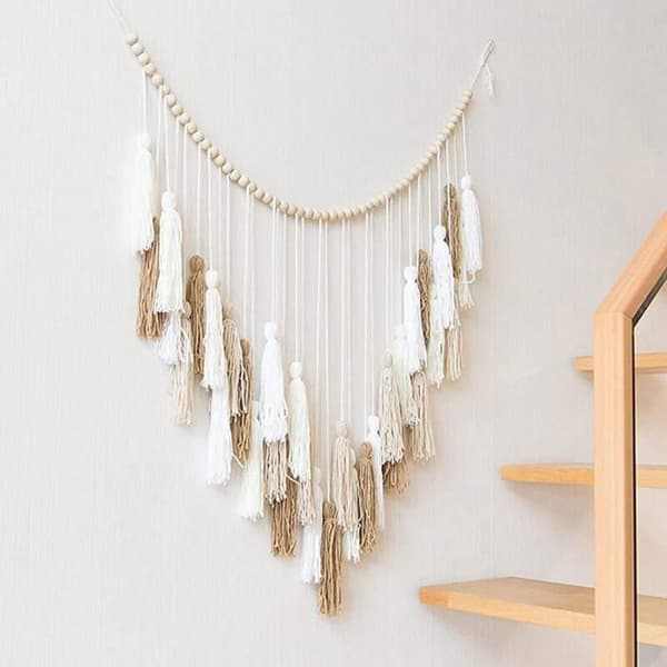 Stor Makrame Väggbonad 39 x 43 tum Vävd Boho Gobeläng Vit Beige Makrame Väggdekor med Pärla