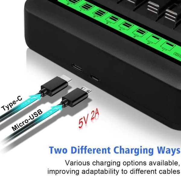 8-slots Universal LCD Batterioplader - 5V/2A Hurtig Opladning - Kompatibel med AA/AAA/C/D