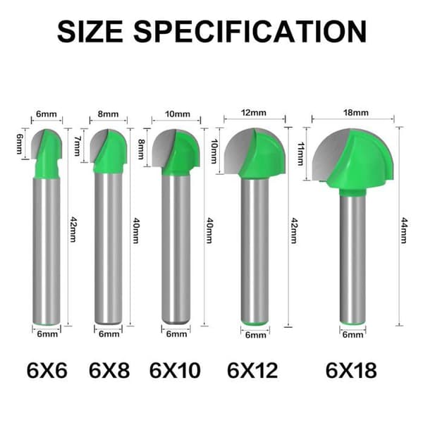 Overfræserbits Skaft, 6mm, 5 Stk, Overfræser Core Box Bits, Rund Not Fræser, Træbearbejdningsværktøj, Rund Næse Core Box Overfræser
