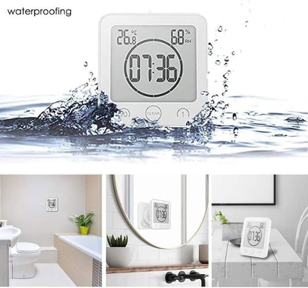 Badrumsduschklocka, LCD Digitalt Larm, Termometer Hygrometer, Nedräkningstimer (Vit)