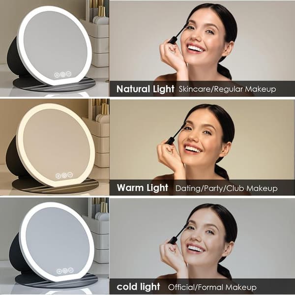 22 cm LED Folding Makeup Mirror, Portable Desktop Mirror with Light, Ultra HD Touch Screen LED Vanity Mirror (White)