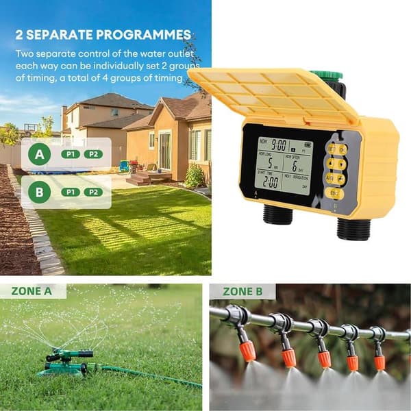 Smart vandtimer med dobbelt udløb og regnsensor – automatisk vandingssystem med ventilkontrol, græsplæne og have, perfekt til haven