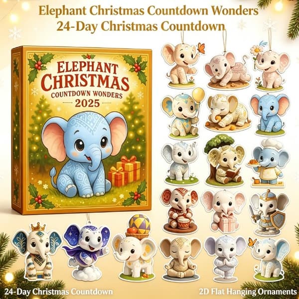 Elefant Julekalender 2026, 24-dagers nedtelling til jul med 2D flate elefant-hengepynt