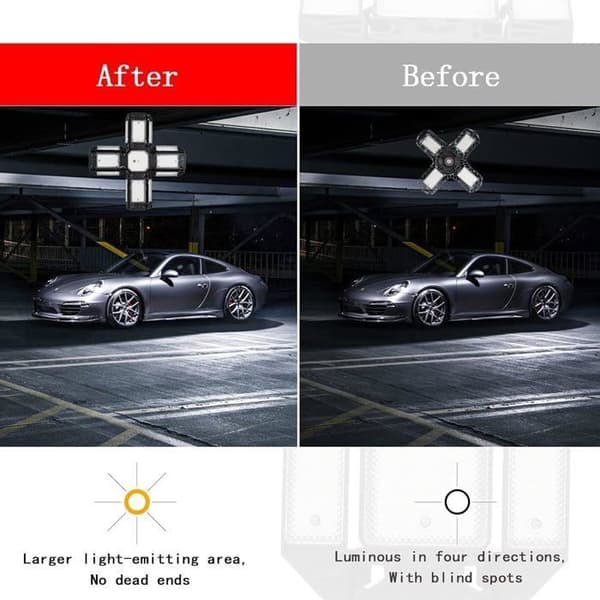 LED garagelys, justerbart værkstedsloftlys, E27 6000K belysning, med flere justerbare paneler, 15000 lumen
