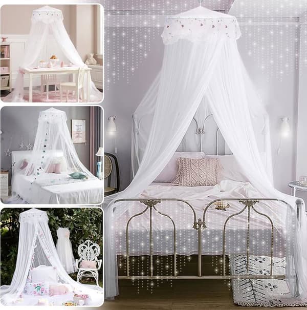 Myggnetting sengehimmel, prinsesse sengehimmel myggnetting kuppel polyester, dekorasjon (hvit)