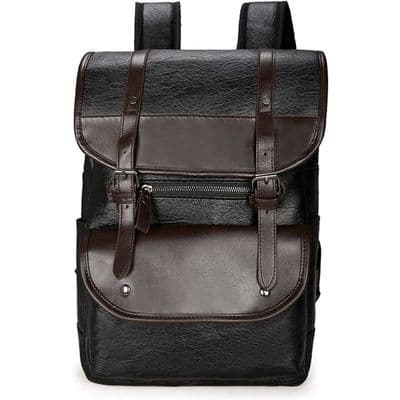 Rygsæk i læder til mænd, stor laptoptaske, patchwork, sort