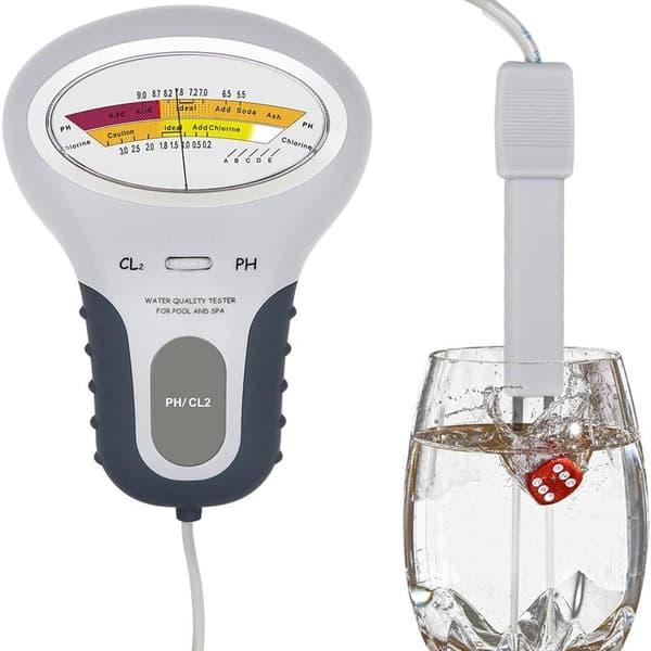 2-i-1 Pooltester - Elektronisk pH- og klorinmåler - Vandtester til Pool & Spa - Nøjagtig Måling - Grå