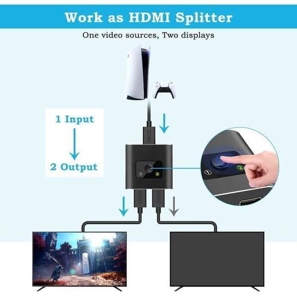 HDMI-switch, dubbelriktad HDMI-switch 1 ingång 2 utgångar eller 2 ingångar till 1 utgång HDMI-splitter, stöder 4K
