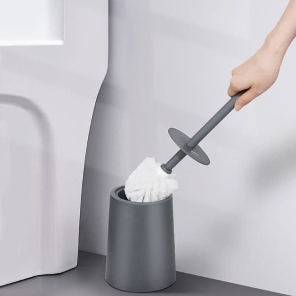 Grå designer toiletbørste med plastholder til badeværelset, dimensioner 37x18x13 cm