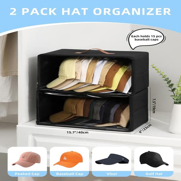 Set of 2 Front Opening Cap Storage, Stackable Sturdy Storage Bins with Clear Window, Space Saving Cap Organizer for Closet