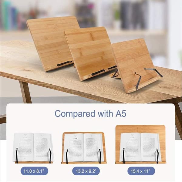 Læsebogsstativ - 28 × 20 cm - Skråt bogstativ - Justerbart bambus bogstativ - Sideholder - Kogebogsstativ - Tabletstativ - Læsestativ - B