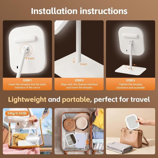 Sminkespeil med belysning - 3 lysfarger - Dimbar - Speil med lys - Smart Touch - USB-ladeport