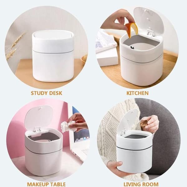 2L Portable Mini Desktop Trash Can with Press Lid for Desk, White