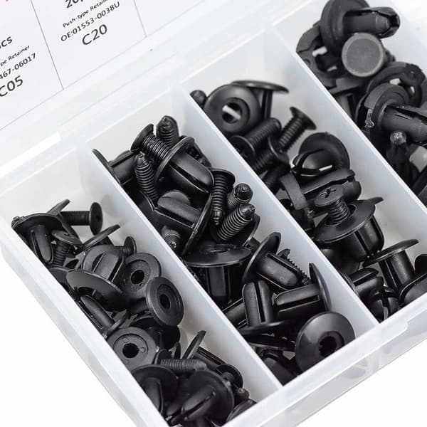 100-styks plastiknitter - Universal - 6 størrelser - Sort og hvid opbevaringsboks