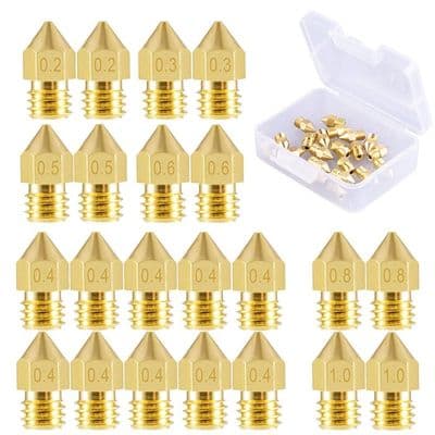 22 stk. printerdyser MK8 dyse 0,2 mm, 0,3 mm, 0,4 mm, 0,5 mm, 0,6 mm, 0,8 mm, 1,0 mm til Makerbot CR-10 3D-printer
