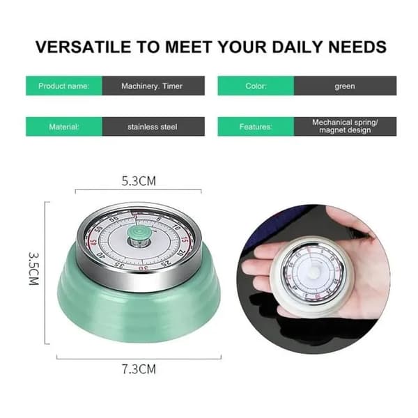Mekanisk Timer - Køkkentimer - 360 Grader - Rustfrit Stål - Retro Design - Hørbar Alarm