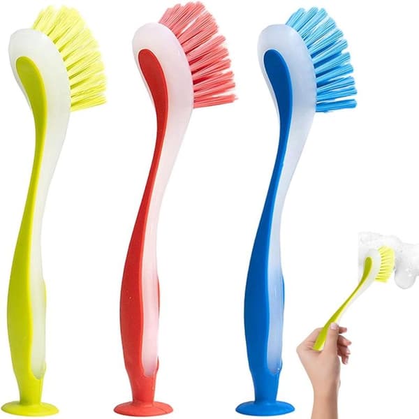 Cleaning Brushes - 3 Pieces - Dish Brush - Bathroom Wall Brushes - Spring Brushes - Corner Brushes - Tile Brushes - with Suction Cup - Practical Kitchen
