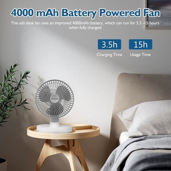 Bærbar bordventilator - Grå - 4000 mAh - USB genopladelig - 4 hastigheder - 120° oscillation