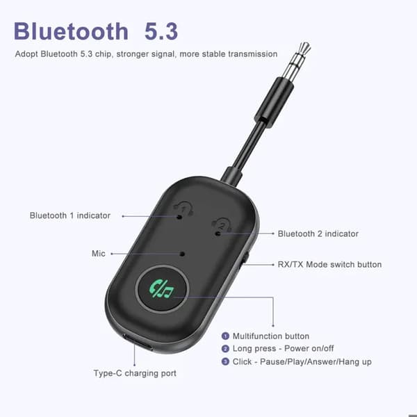 BT5.3 Bluetooth-lähetin/vastaanotin - Bluetooth 5.3 - Kaksoisyhteys - 3,5 mm:n liitin