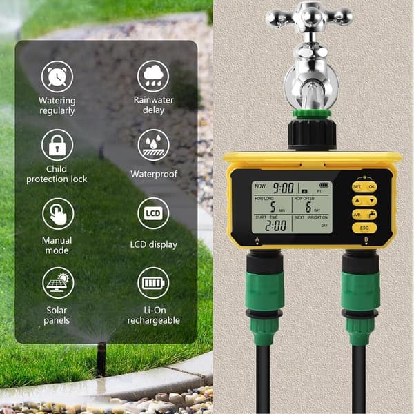 Smart vandtimer med dobbelt udløb og regnsensor – automatisk vandingssystem med ventilkontrol, græsplæne og have, perfekt til haven