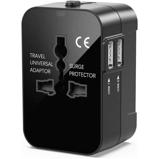 Universal reiseadapter med 2 USB-porter, internasjonal plugg for USA, Storbritannia, EU, AU