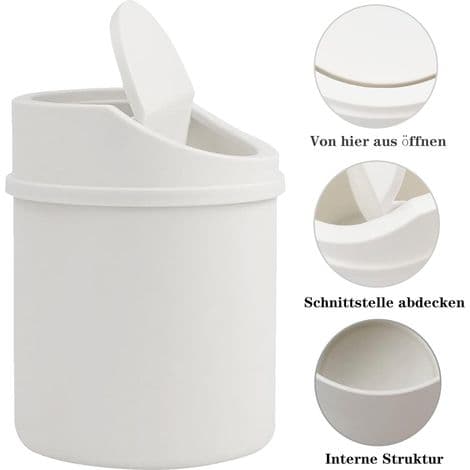 Mini søppelbøtte med lokk, bordavfallsbøtte, liten søppelbøtte i plast, hvit