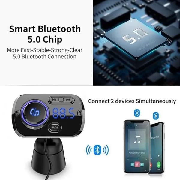 FM-sender - Bluetooth - Radioadapter - Håndfri - QC3.0 - Farverigt lys