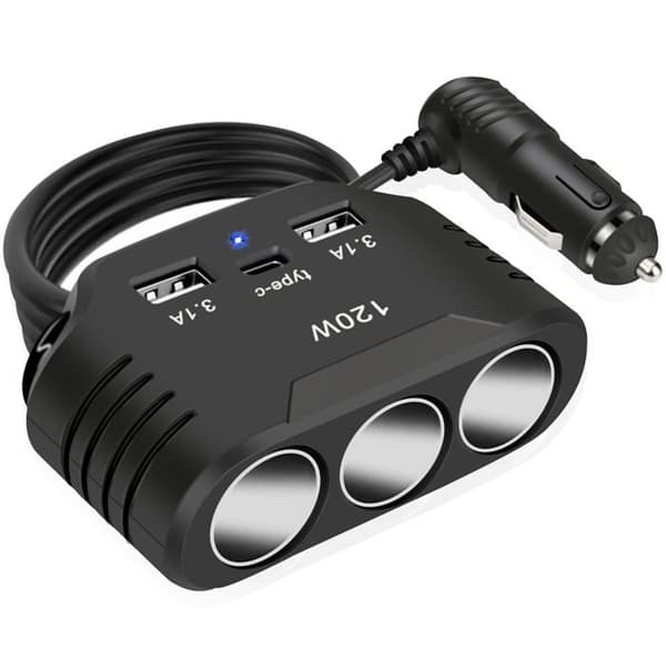 120W Billaderuttakadapter: 12V/24V Multi USB Billader med 3 Plugger og Type-C Port USB Lader Splitter DC
